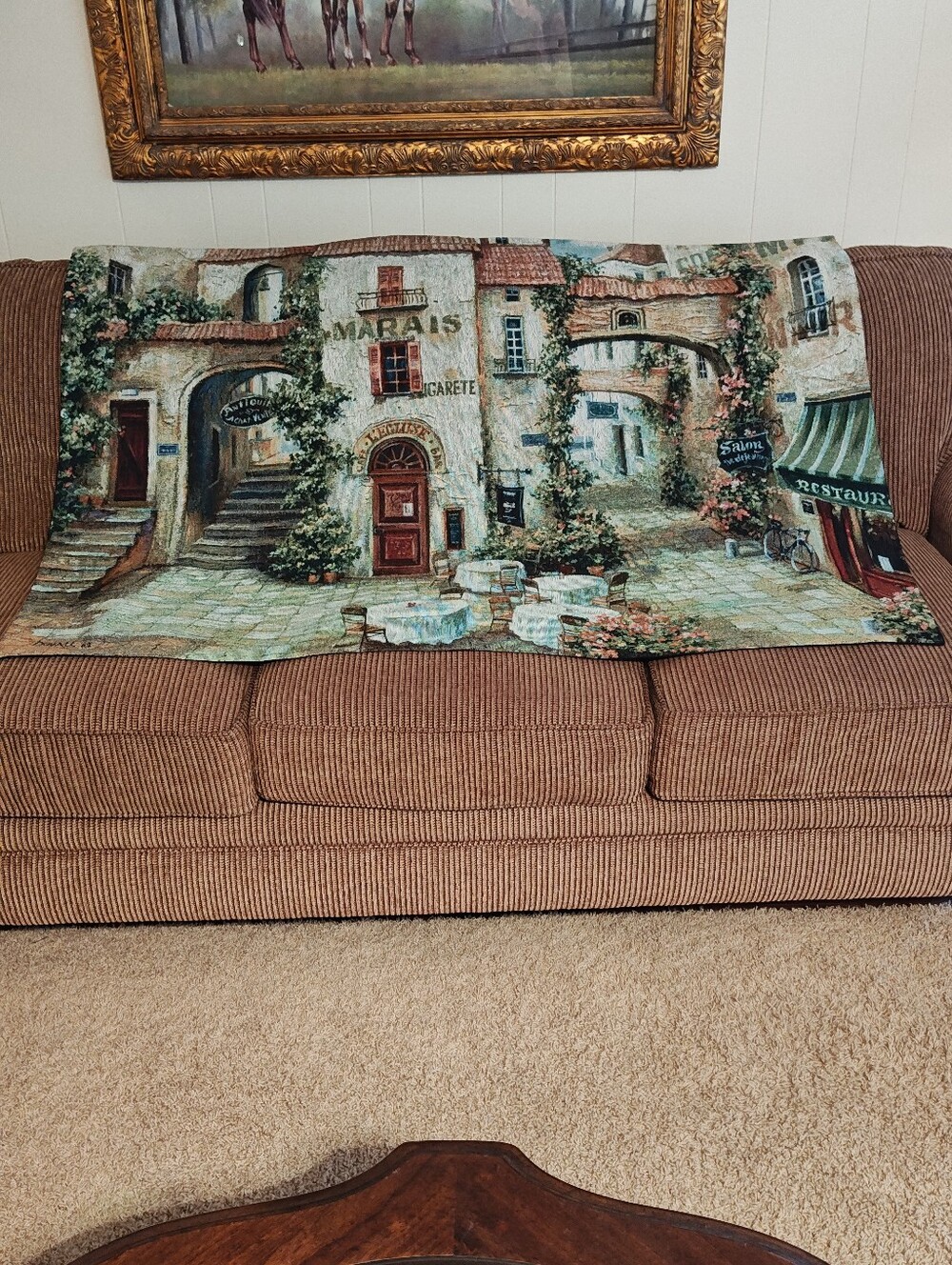 Vintage French- Style "Le Marais" European Cafe Scene Tapestry By Roger Duvall